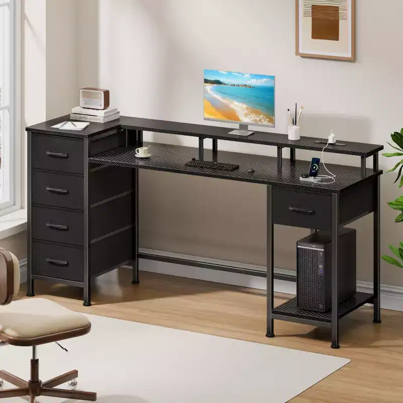 Qwatto 55 Inch Computer Desk with Charging Station Reversible Gaming Desk LED Lights Fabric Drawers Home Office Writing Table Bedroom Study Storage