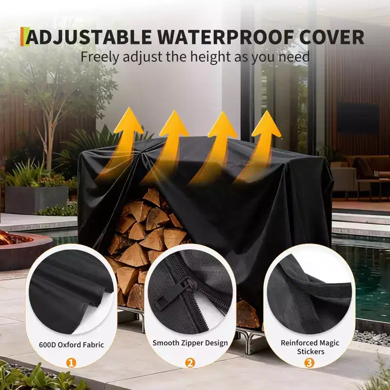 Outdoor Firewood Rack, Heavy Duty Steel Wood Storage Log Holder with Waterproof Cover, Wood Pile Holder for Fireplace Patio Balcony Garden
