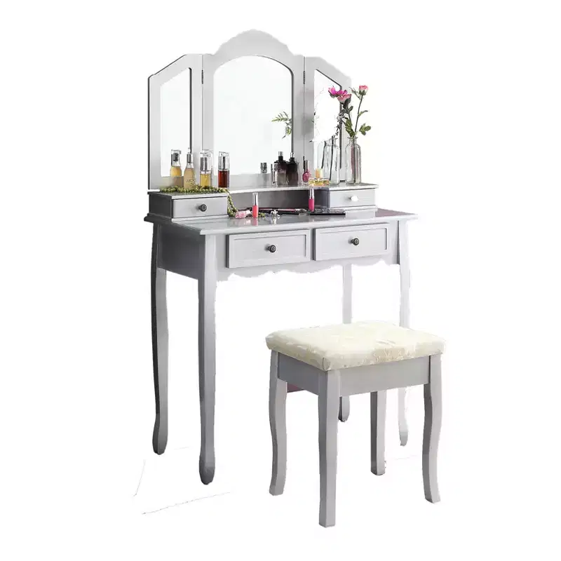 Sanlo Silver Wooden Vanity, Make Up Table and Stool Set
