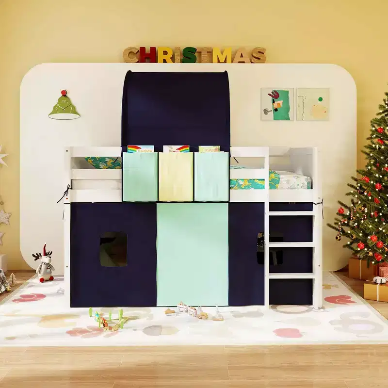 Costway Twin Loft Bed with Tower & Tent 3 Storage Pockets Safety Guardrail and Ladder Turquoise/Navy