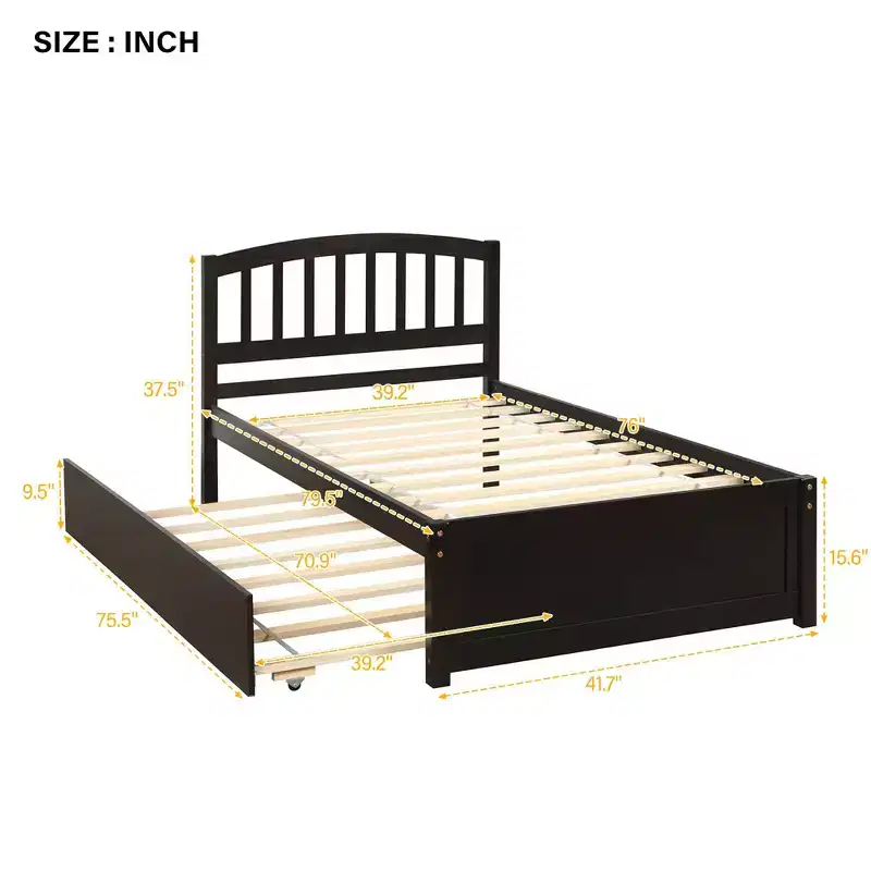 Twin size Platform Bed Wood Bed Frame with Trundle Espresso