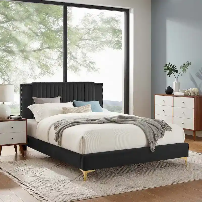 Charcoal / Blue / White / Pink Channel Tufted Velvet Queen Platform Bed with Gold Legs for 2 Person