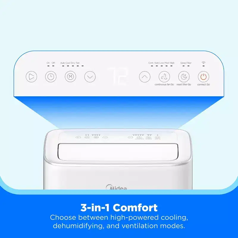 Midea 10,000 BTU DOE Smart Inverter Portable Air Conditioner, for spaces up to 450 sq. ft., White