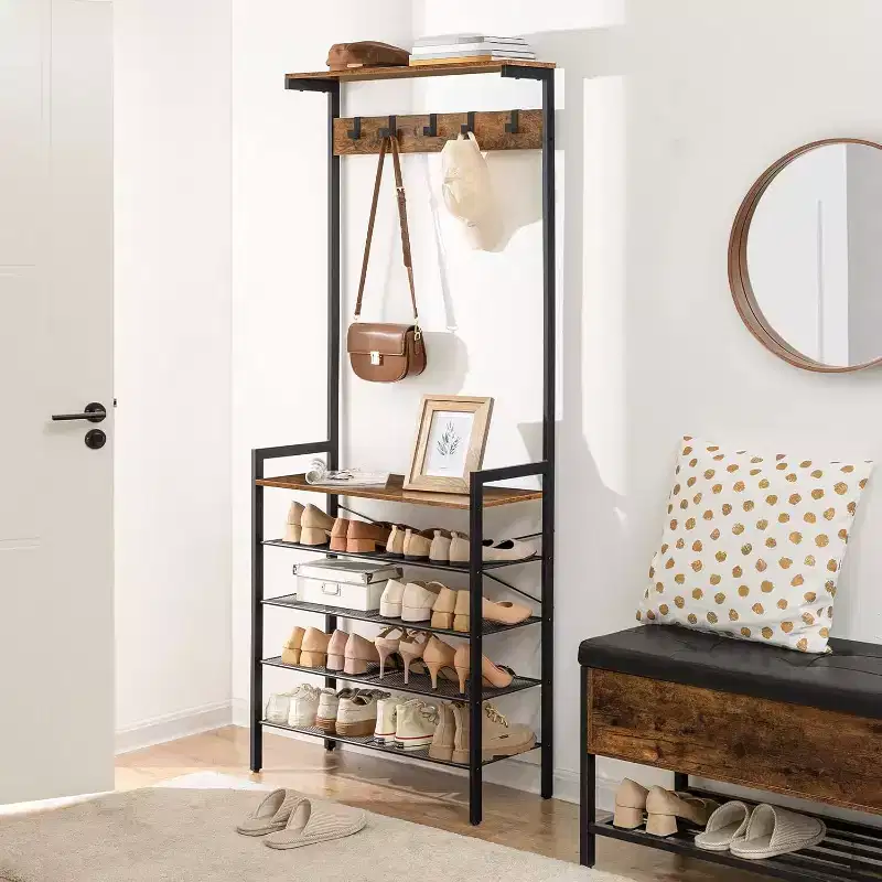 Hall Tree with Bench Industrial Coat Rack 5-Tier Shoe Storage 5 Hooks for Entryway Hallway Foyer