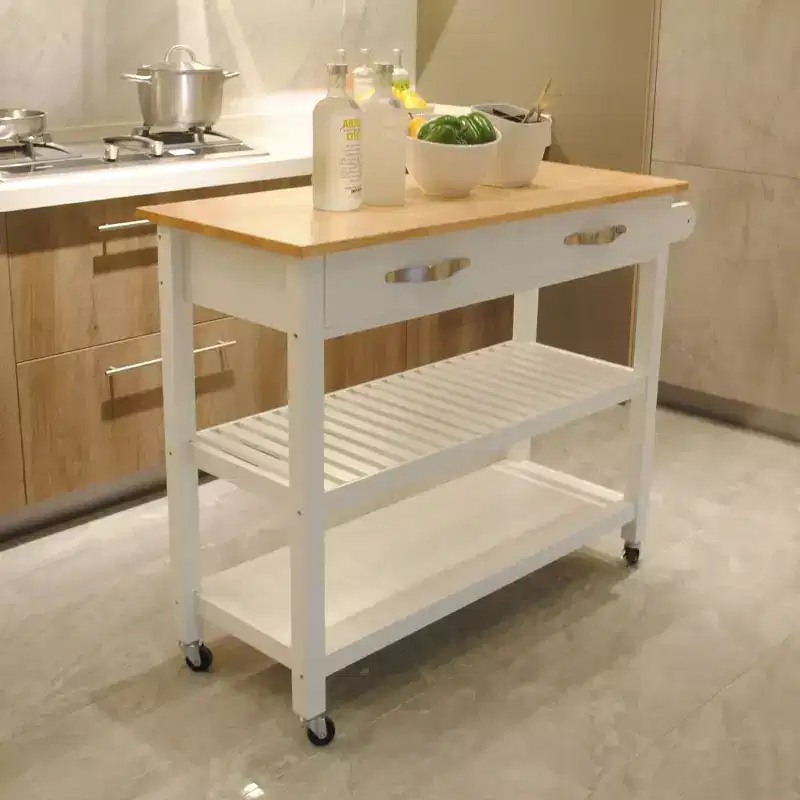 Kitchen Cart with Rubber Wood Top, Mobile Kitchen Cart with Lockable Wheels, 2 Drawers and 2 Shelves, Rolling Kitchen Island, White