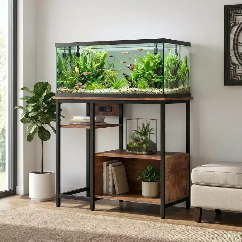 Fish Tank Stand with Cabinet - 40-50 Gallon Aquarium Stand with Power Outlets, Heavy Duty Metal and Wood Construction, Open Storage Shelves
