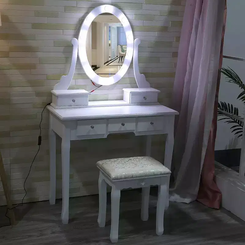 Modern vanity table with oval mirror  3-level adjustable lighting, 5 large-capacity drawers, with padded stool  bedroom makeup desk