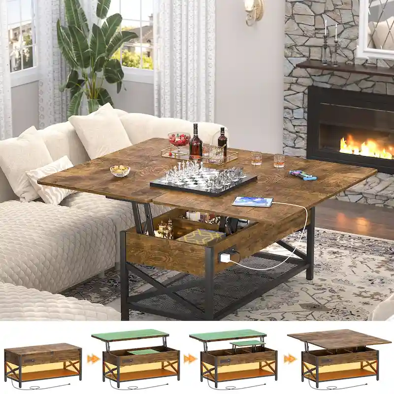 Lift-Top Coffee Table with LED Lights and USB Ports