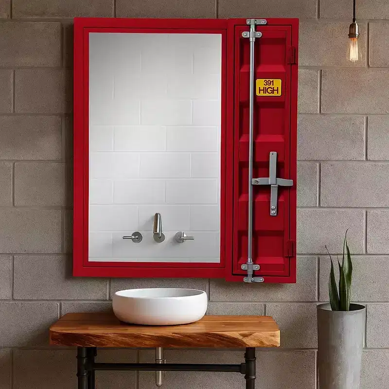 Royal Hampton Style Metal Vanity Mirror with Recessed Door Storage, Red