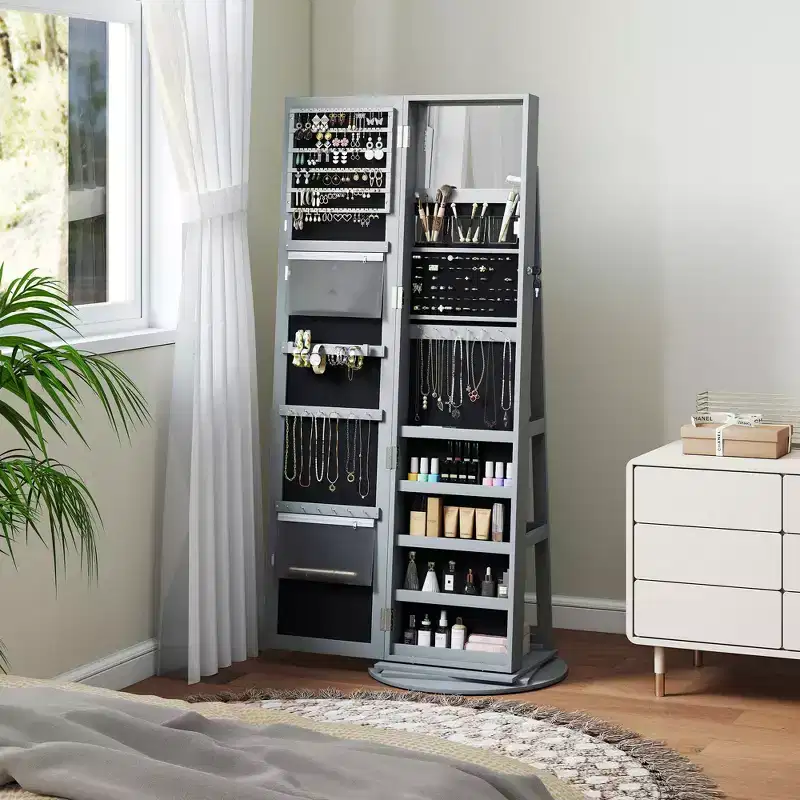 Gray / White Lockable Standing Jewelry Armoire with 360° Swivel Mirror, Single Use