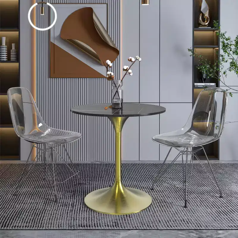 LeisureMod Verve 27 Round Dining Table - Sintered Stone Top with Brushed Gold Pedestal Base Accent Side Table for Kitchen and Home