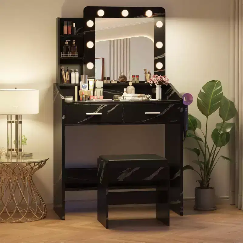 Vanity Desk with Power Outlet, Makeup Vanity with Large Mirror and LED Lights, 7 Drawers & Cushioned Stool