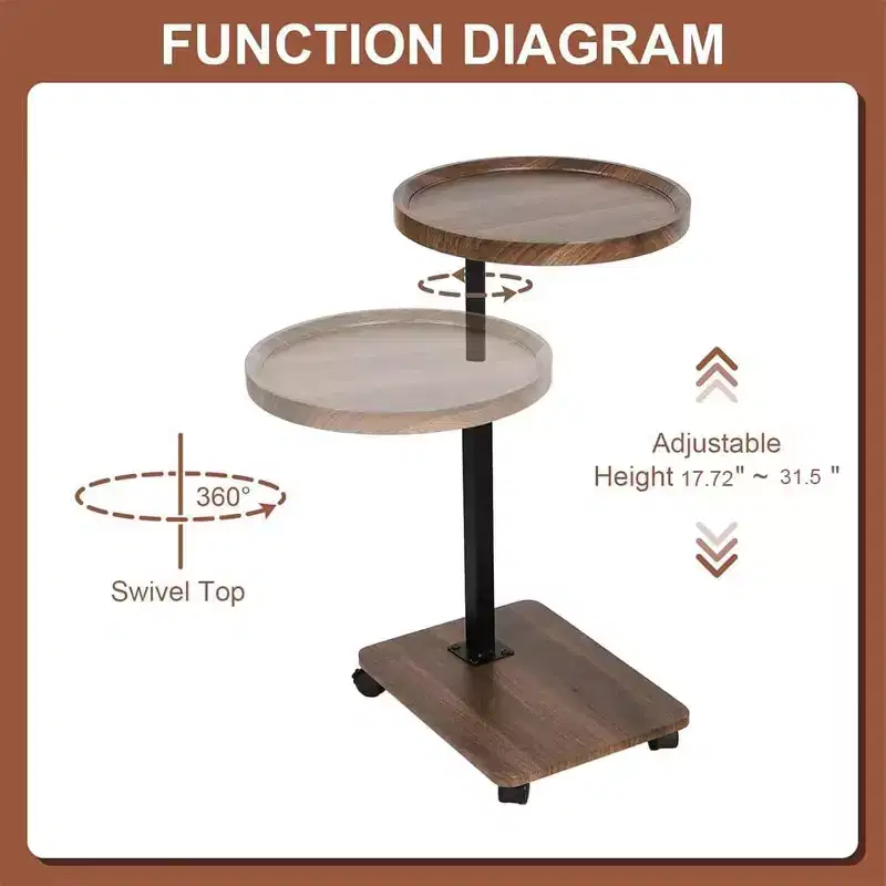 C-Shaped Side Table, 360 Degree Swivel and Height Adjustable, Modern Sofa Table, Mobile Coffee Table, Side Table with Sliding Bottom,for Living Room