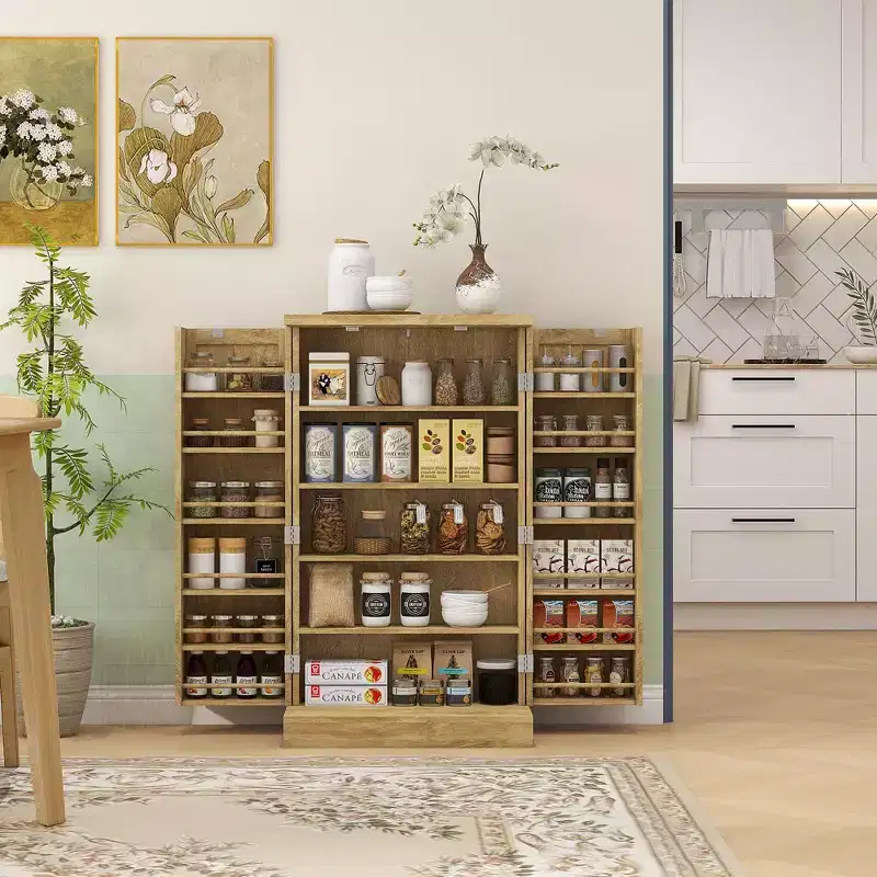 41 Kitchen Pantry Storage Cabinet, Freestanding Kitchen Cabinet with Double Doors, 5-Tier Shelf, 12 Spice Racks and Adjustable Shelves