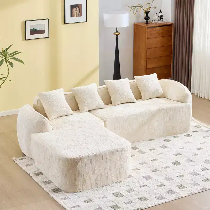 Clihome High-Elastic Chenille L-Shaped Sofa - Curved Armrests & 4 Free Pillows Included