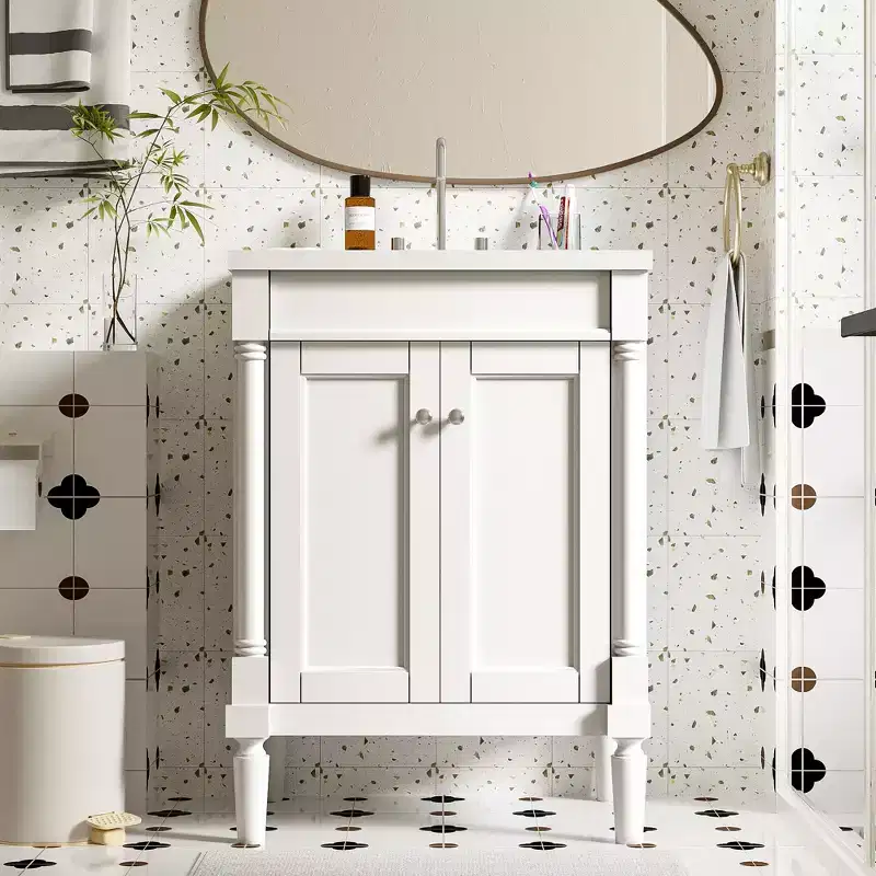 24-inch Single-Basin Vanity Cabinet with Sink, Double-Tier Modern Bathroom Storage Cabinet, Large-Capacity Storage Shelf, White