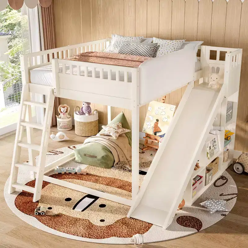 Bellemave Loft Bed with Upholstered Headboard and Storage Shelves,Solid Wood Loft Bed Frame with Ladder and Slide for Kids