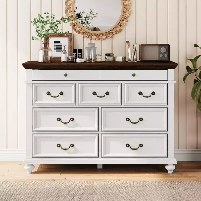 Farmhouse 9 Drawers Dresser for Bedroom, 47 Wide Wood Rustic Chest of 9 Drawers with Metal Handles, Large Storage Dressers Organizer