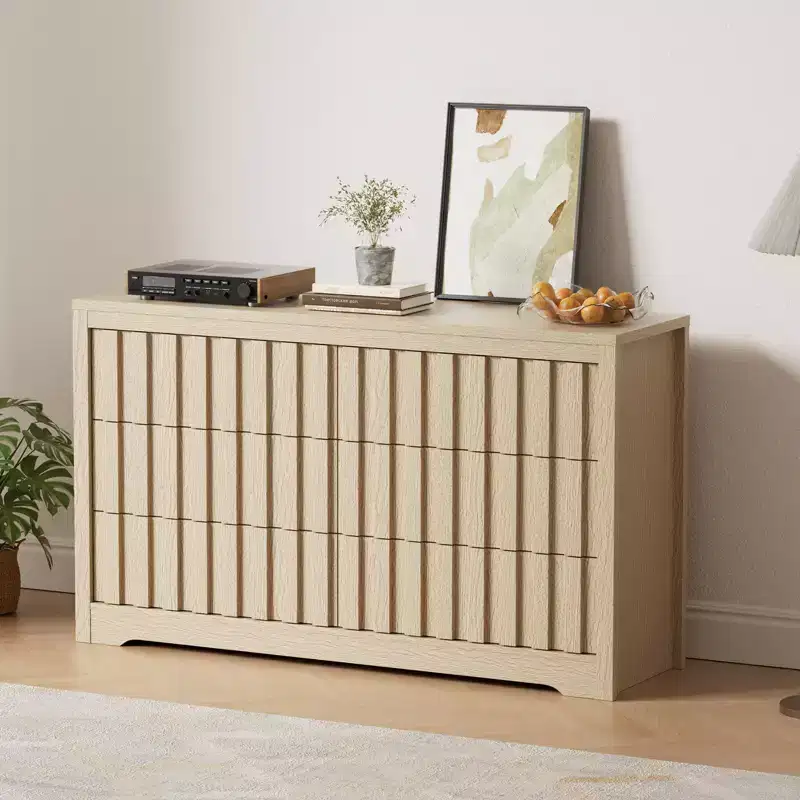 Fluted 6-Drawer Modern Dresser Handleless Wooden TV Stand & Deep Storage Organizer for Bedroom, Living Room & Hallway, Natural Oak