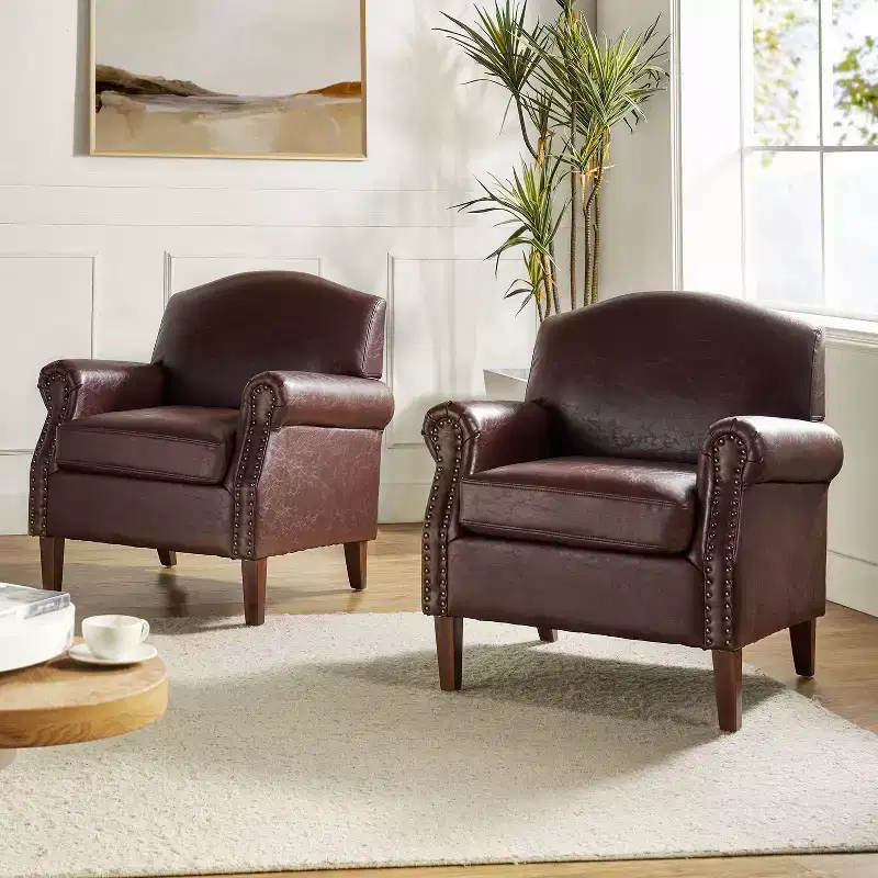 Set of 2 Transitional Vegan Leather Armchair with Nailhead Trim