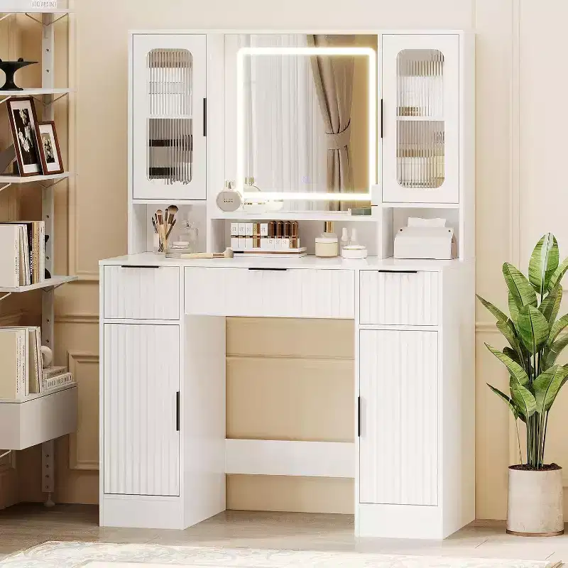 Vanity Desk with Mirror, Modern Makeup Dressing Table, Vanities for Bedroom with 2 Glass Cabinet, 2 Large Cabinet, 3 Drawers & Storage Shelves