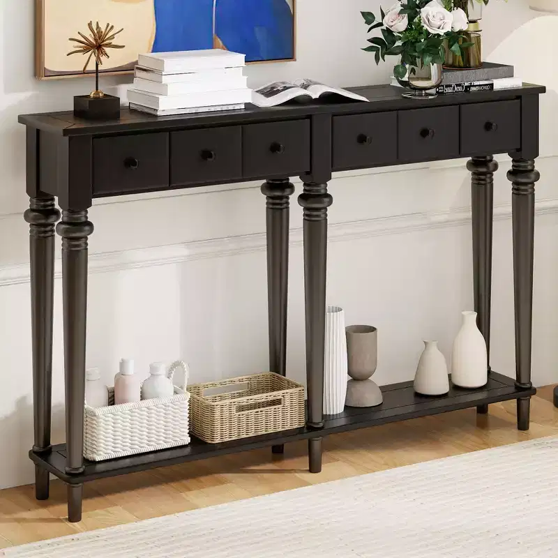 Vintage Narrow Console Table with Storage, Wood Entryway Table with 4 Drawers and Open Shelf for Entryways, Living Rooms and Hallways