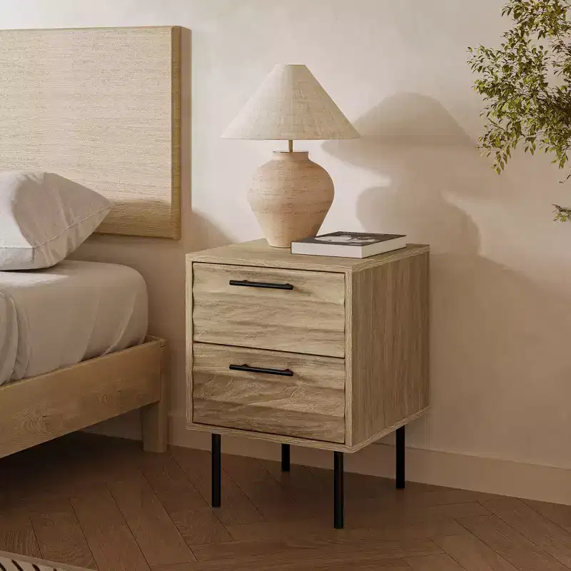 LuxenHome 21'' Mid-Century Modern Wave 2-Drawers End Table and Nightstand with Metal Legs Bedside Accent Side Table for Bedroom Living Room Brown