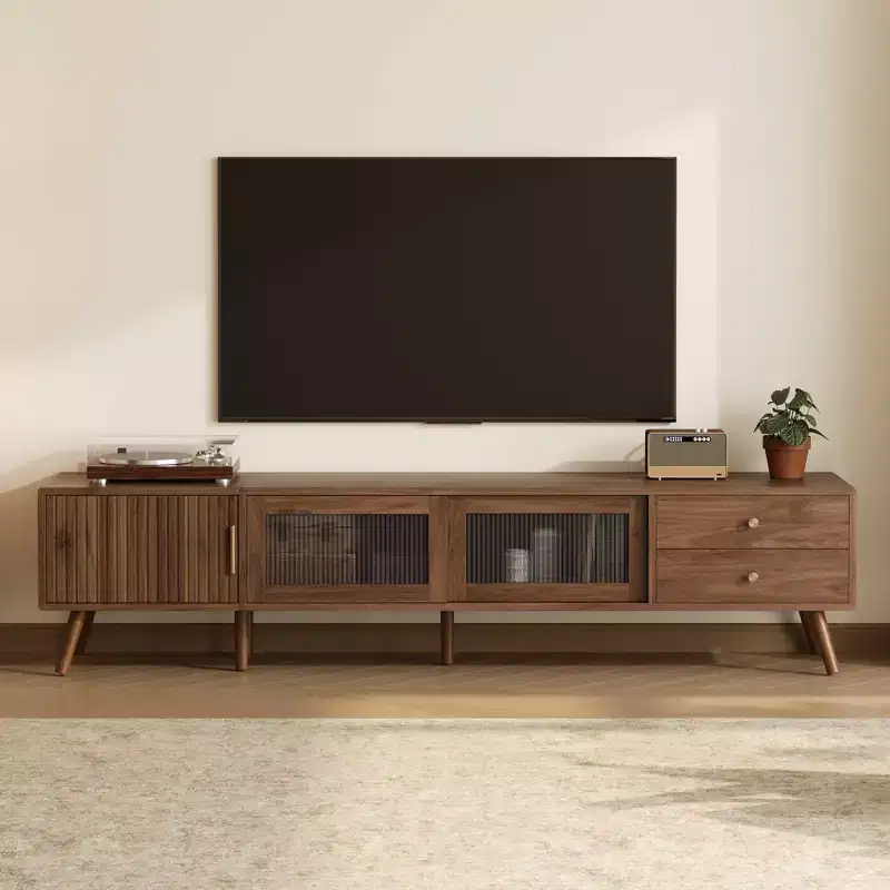 JVNOXK76-inch Modern Minimalist Glass-Door Wood-Grain Entertainment TV Cabinet Set, Suitable for TVs up to 85 Inches, Storage Functionality