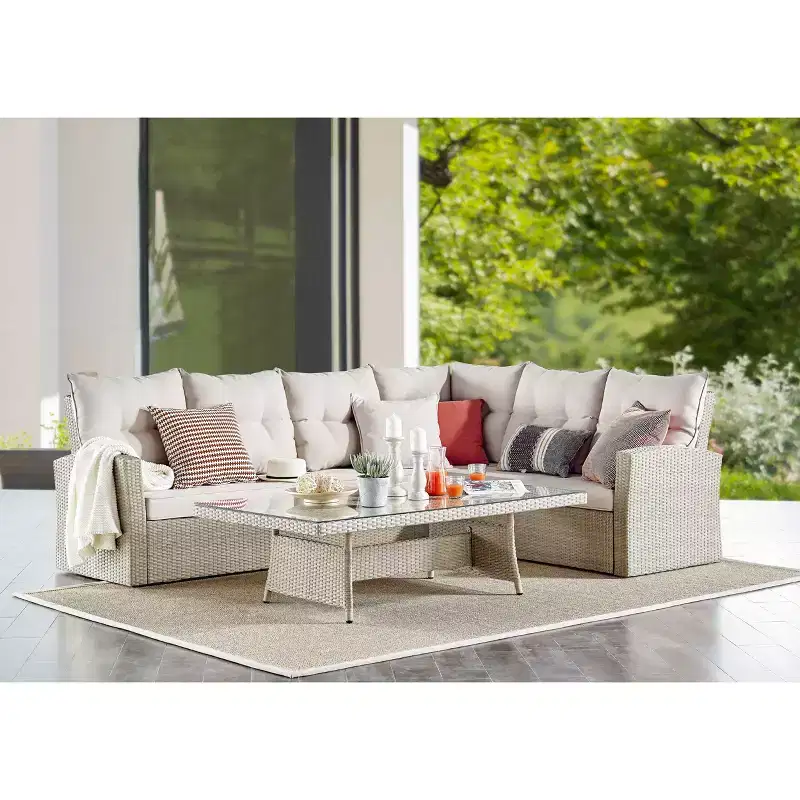 Canaan 2pc Outdoor Wicker Corner Sectional Seating Set Cream - Alaterre Furniture: Weather-Resistant with Coffee Table