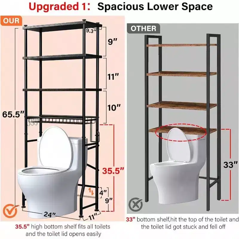 4 - Tier Over - Toilet Storage Rack Bathroom Organizer Shelf with Waterproof Feet Pad and Basket Black Multifunctional Space Saver