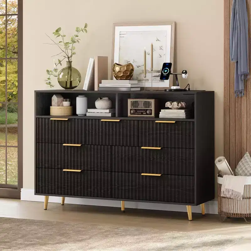 Fluted 7 Drawer Dresser, Chest of Drawers with LED Lights and Charging Station, Gold Handles, Open Shelf Storage, for Bedroom, Hallway, Black