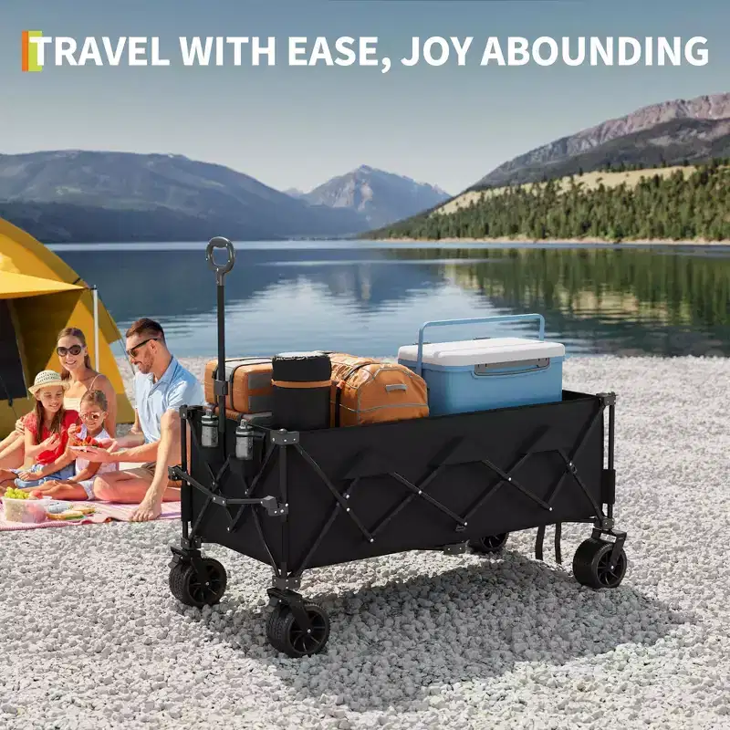 TROPOW Collapsible Utility Wagon Cart with All Terrain Wheels, Heavy Duty Foldable Beach Wagon, Portable Cart for Groceries Sand Camping, Blue