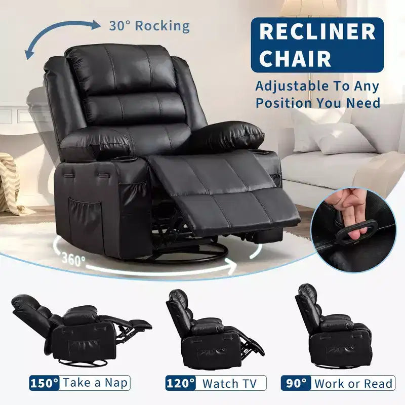 360 Swivel Rocker Recliner Chair for Adults, Wide PU Leather Nursery Glider with Cup Holder, Comfy Deep Seat Single Sofa for Living Room