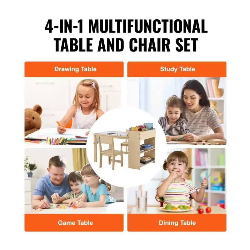 Etokfoks kids art table set with 2 chairs 2 in 1 toddler activity table and cabinet wood construction for craft play and learning