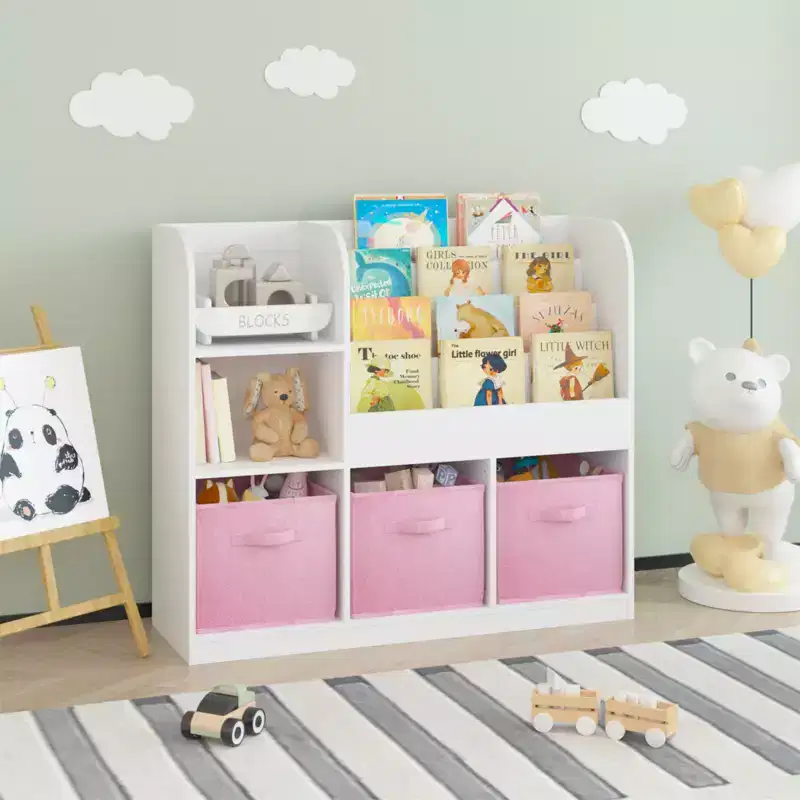 Book Storage Organizer for Kids 3 Collapsible Drawers, Wooden Bookcase Shelf with Compartments, Home, Playroom, Hallway, Kindergarten