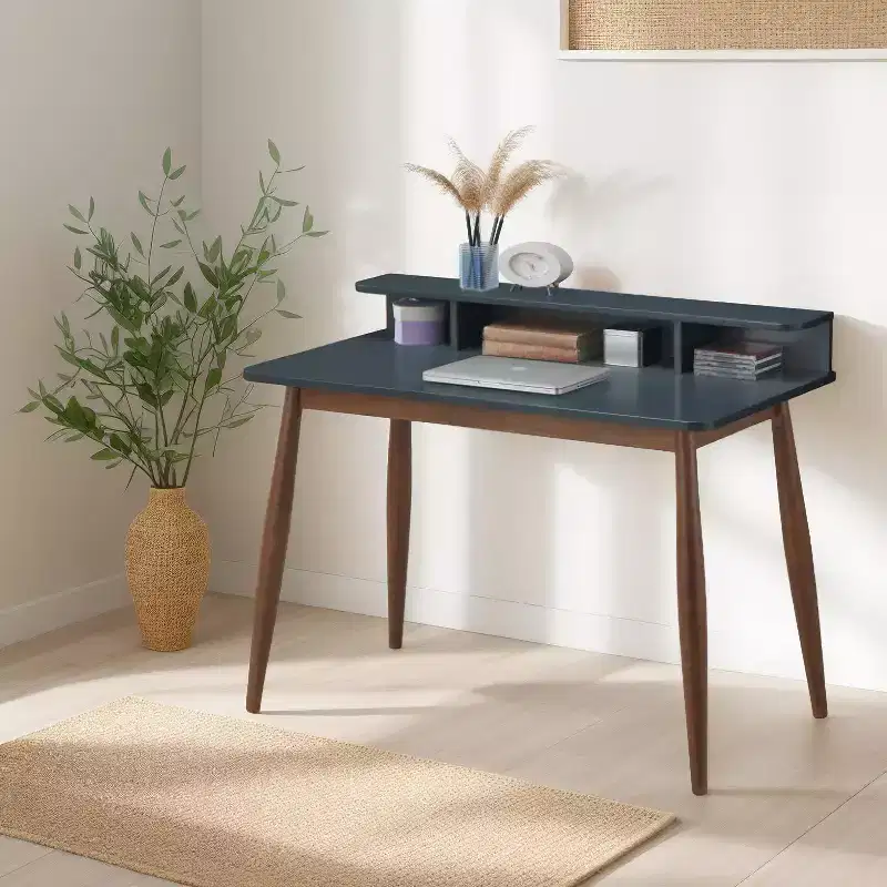 Okak 43IN Mid-Century Wooden Office Desk with Display Shelves, Writing Desk with Elegent Design, Computer Desk for Living Room, Bedroom