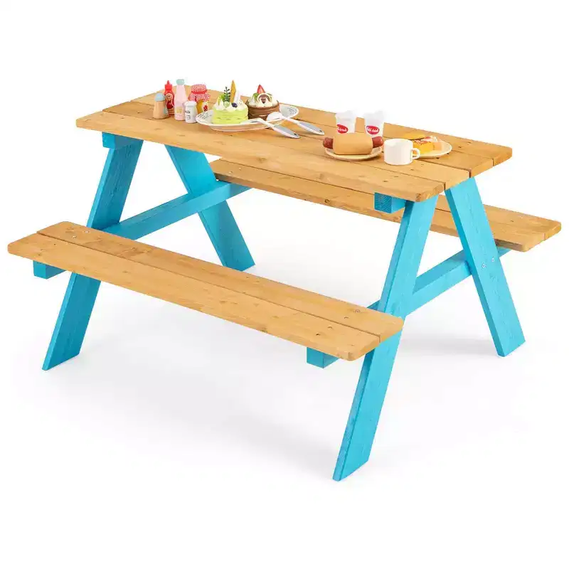 Costway Kids Picnic Table Set Children Outdoor Wooden Table with Bench Seats Backyard