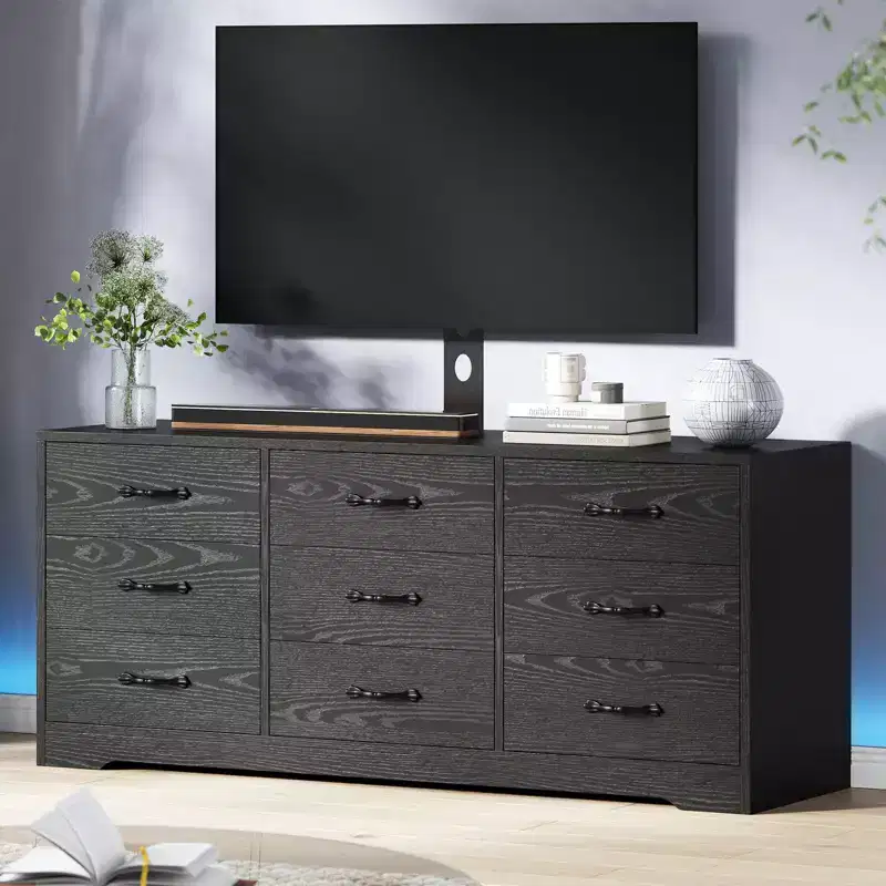 Wood 9 Drawers TV Stand with Mount,Television Stand for 32-85 inch TVs, Large Entertainment Center Media Console