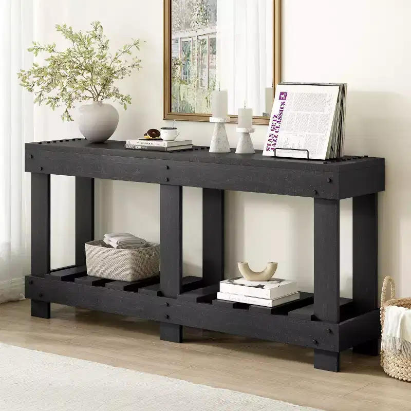 Farmhouse Entryway Console Table with Storage Shelf, Solid Fir Wood Hallway Table with Metal Rivet Accents