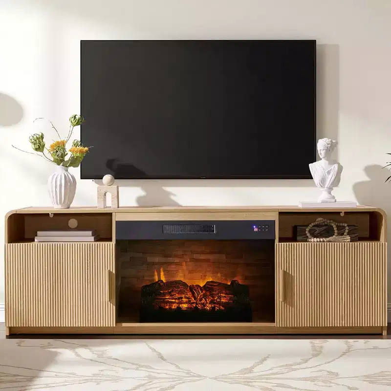 AMERLIFE 70in Fluted Fireplace TV Stand for TVs up to 80in with 30in Electric Fireplace Storage, Natural Oak