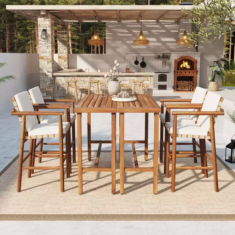 GDFStudio Carter Patio Modern 6-Piece Acacia Wood Counter Height Bar Dining Set with Stools