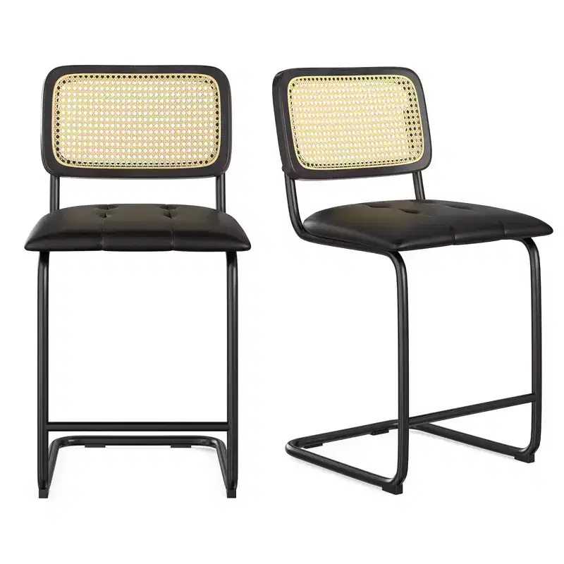 PexFix 2Pcs Counter Height Bar Stools Upholstered PU Leather Barstools with Rattan Back 24 inch Stools Armless Bar Chairs for Kitchen Island Black