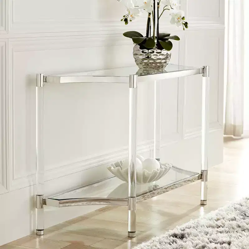 Modern Acrylic Rectangular Console Table 48x16 with Shelf, Clear Thin Legs for Living Room, Bedroom, Entryway