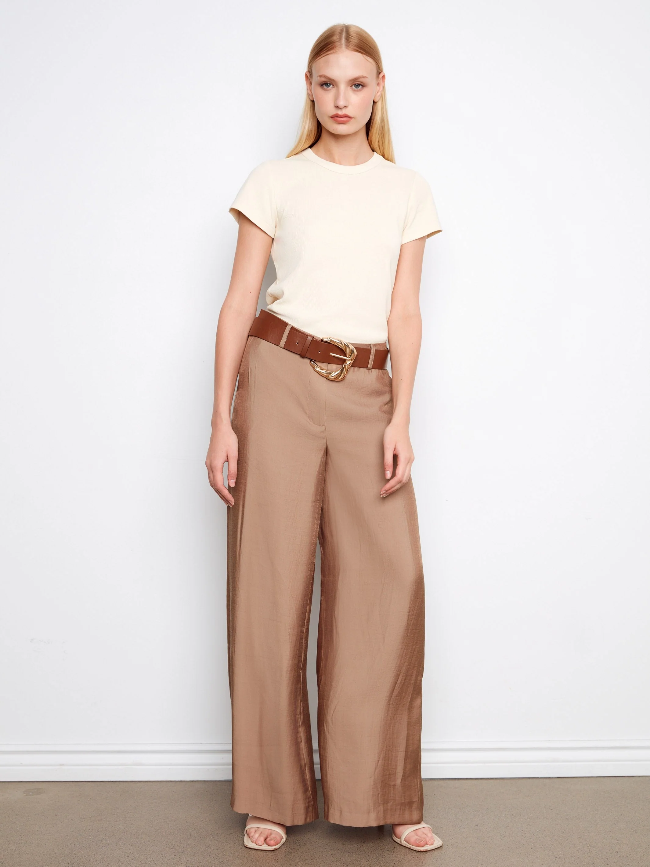 Satin Belted Wide Leg Pants - Sand