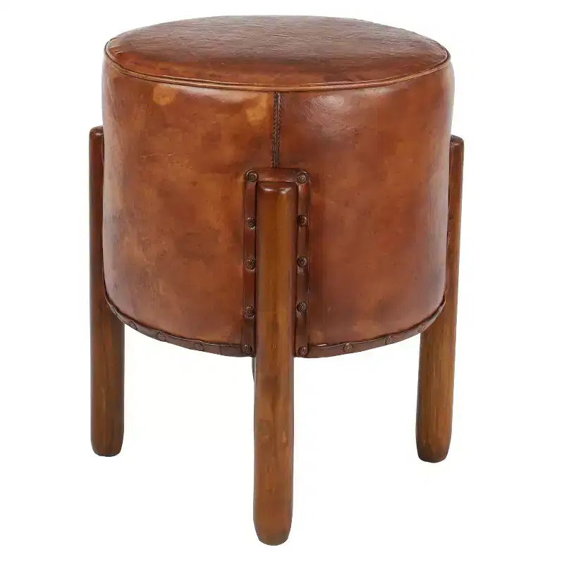 Traditional Leather Stool Brown: Round Wood Frame, No Assembly, Spot Clean