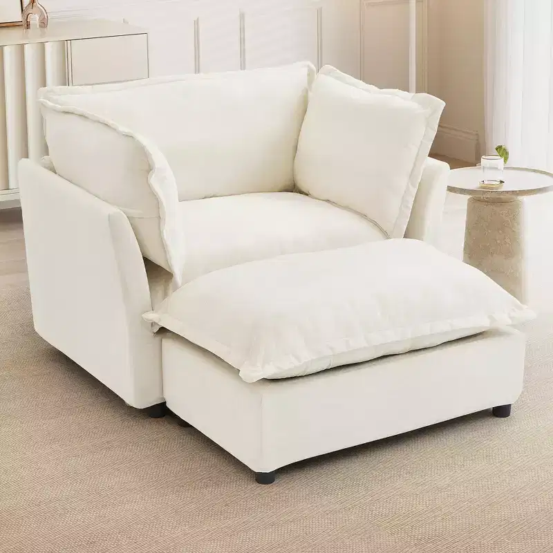 Chenille Armchair with Movable Ottoman, Wide Seat & Curved Armrests