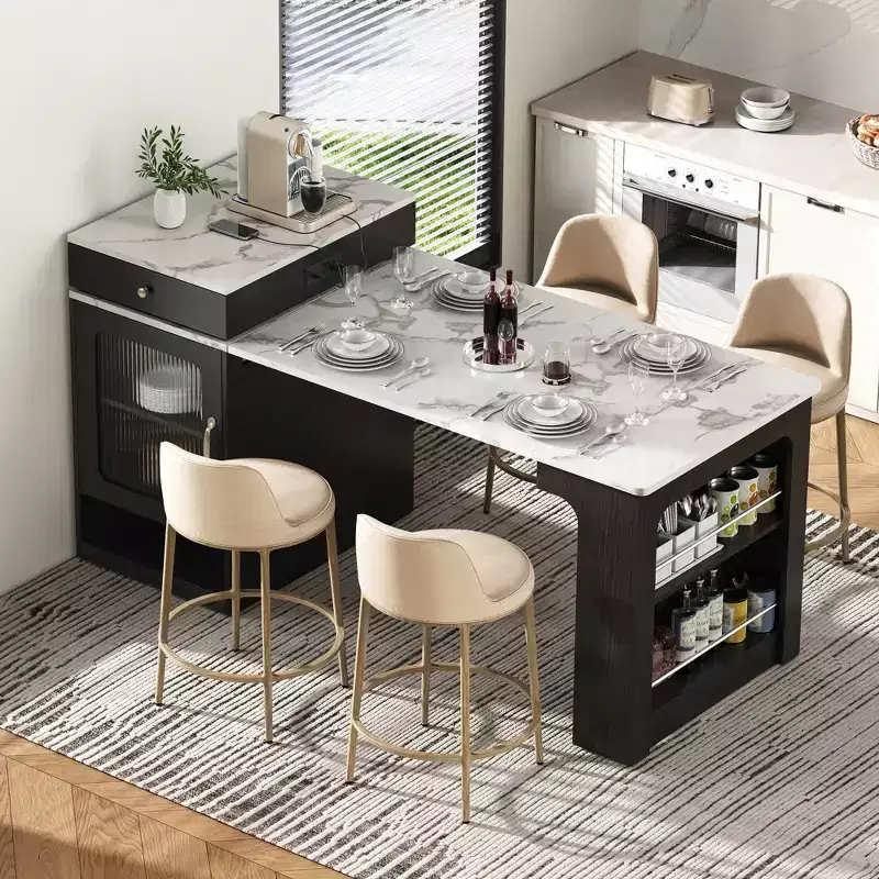 PexFix 59.5 Kitchen Island with Extendable Dining Table Kitchen Storage Table with Double-sided Storage with Power Outlet&Side Open Shelves Black