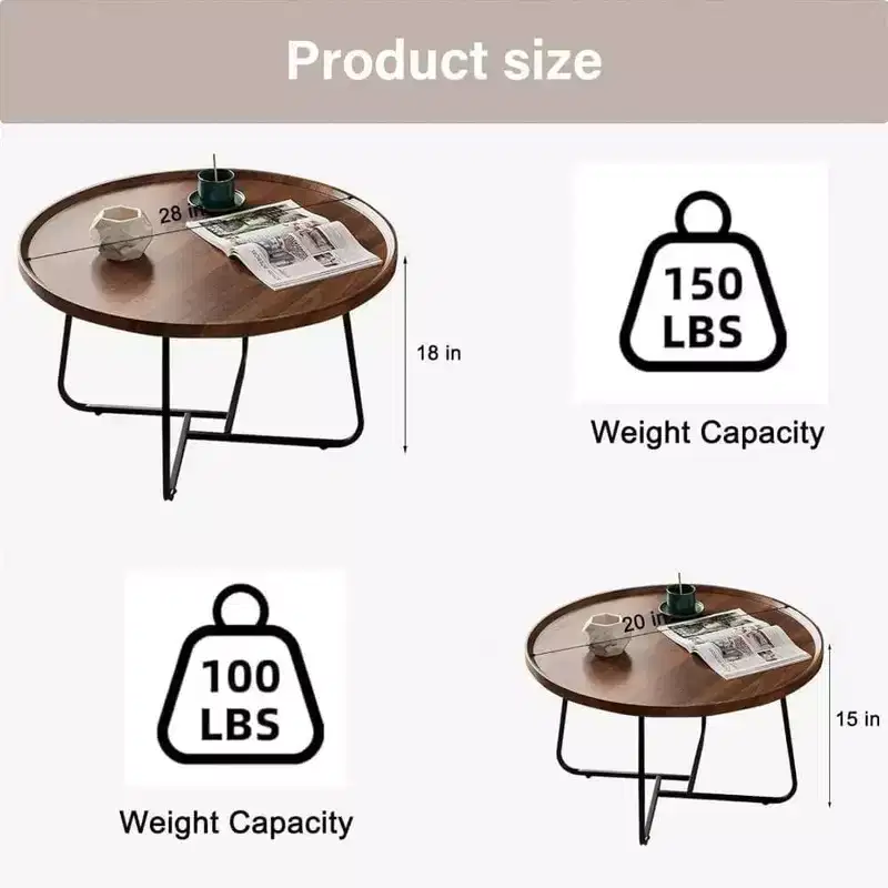 Acekool Nesting Coffee Table Set, 2 Round Tables, Walnut Finish MDF Top with Raised Edge, Interchangeable Metal Legs, Space-Saving Design
