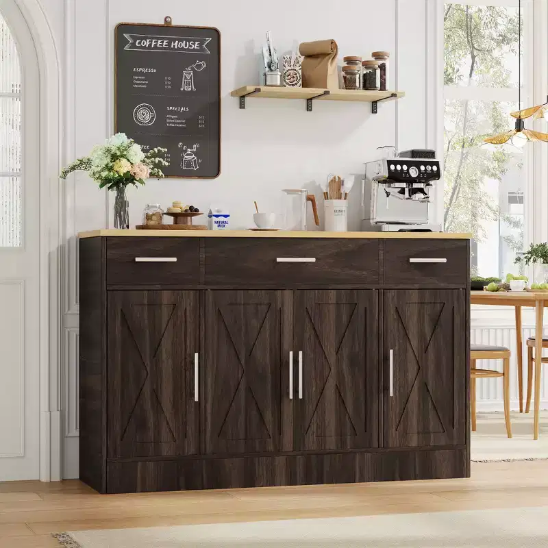 Celebalcony Buffet Cabinet with Storage,53.4 Large Kitchen Storage Cabinet with 3 Drawers & 4 Doors, Adjustable Shelf for Kitchen,Living Room