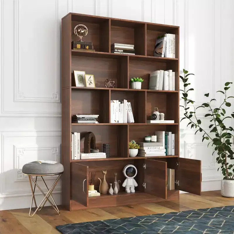 Modern 4-Tier Bookshelf with 10 Open Cubes & 3 Doors – 70.87